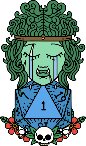 Retro Dövme Tarzı Hüzünlü Ork Barbar Karakter Yüzü Doğal bir D20 ruloyla Bir insan tarafından çizilmiş