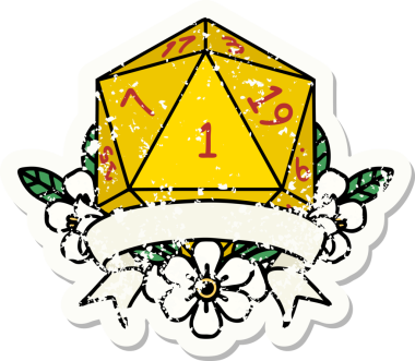 Bir insan tarafından çizilmiş doğal bir d20 zarının grunge çıkartması.