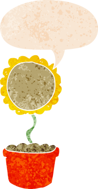 Bir insan tarafından çizilmiş grunge dertli retro biçimli konuşma baloncuğu ile sevimli karikatür çiçek