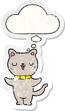 Düşünce baloncuğu olan çizgi film kedisi insan tarafından çizilmiş yıpranmış bir çıkartma.