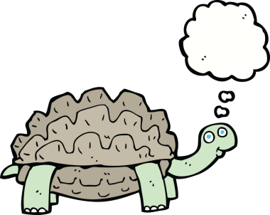 Bir insan tarafından çizilmiş düşünce baloncuklu karikatür kaplumbağası.