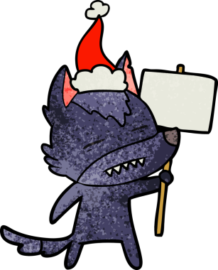 Bir insan tarafından çizilmiş Noel Baba şapkası takan bir kurdun el çizimi çizimi tabelgesi.