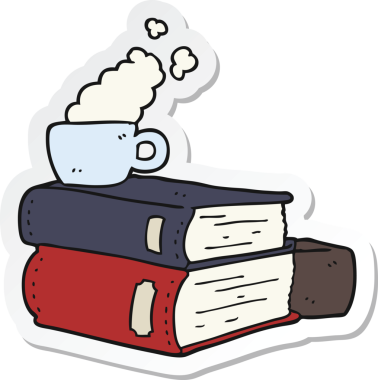 Çizgi roman çıkartması ve bir insan tarafından çizilmiş kahve fincanı.