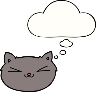 Bir insan tarafından çizilmiş düşünce balonlu mutlu çizgi film kedisi.