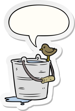 Bir insan tarafından çizilmiş balon çıkartmasıyla su dolu bir kovaya bakan çizgi film kuşu.