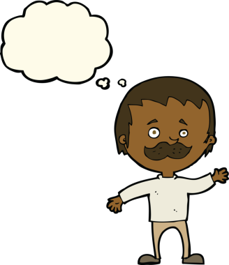 Bir insan tarafından çizilmiş düşünce baloncuğuyla bıyıklı çizgi film adamı.