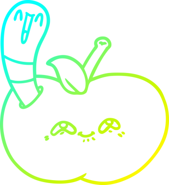 Bir insan tarafından çizilmiş mutlu bir elmanın içindeki çizgi film solucanının soğuk çizgi çizimi.