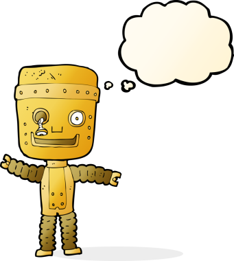 Bir insan tarafından çizilmiş düşünce baloncuklu komik altın robot.
