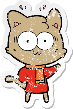 Bir çizgi filmin kederli çıkartması. Şaşırmış kedi. Bir insan tarafından çizilmiş kalın kışlık giysiler giyiyor.