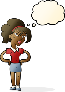 Bir insan tarafından çizilmiş düşünce baloncuğu olan elleri kalçasında çizgi film kadını.