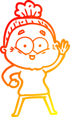 Bir insan tarafından çizilmiş mutlu, yaşlı bir kadının sıcak çizgi çizimi.