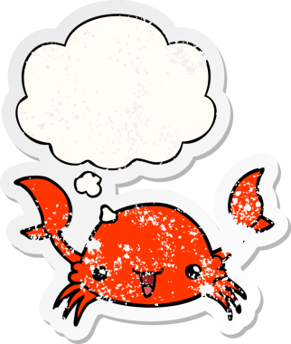 Düşünce baloncuklu karikatür yengeci insan tarafından çizilmiş yıpranmış bir çıkartma.