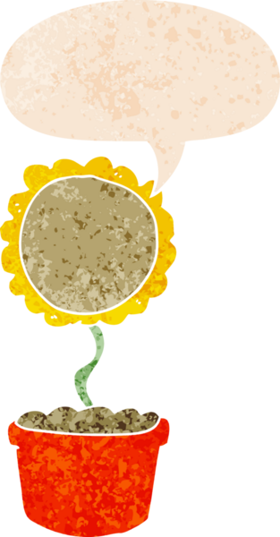 Bir insan tarafından çizilmiş grunge dertli retro biçimli konuşma baloncuğu ile sevimli karikatür çiçek