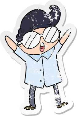 Bir insan tarafından çizilmiş gözlük takan çizgi film karakterinin sıkıntılı çıkartması.