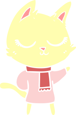 Sakin düz renkli çizgi film kedisi bir insan tarafından çizilmiş eşarp giyiyor.