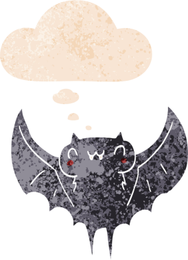 Düşünce baloncuklu karikatür yarasası grunge sıkıntılı retro desen bir insan tarafından çizilmiş