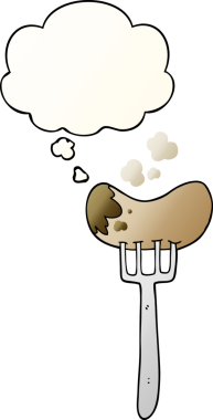 Çizgi film sosis ve çatal. Düşünce baloncuğu bir insan tarafından çizilmiş.