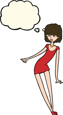 Bir insan tarafından çizilmiş düşünce baloncuğuyla eğilmiş bir karikatür kadın.