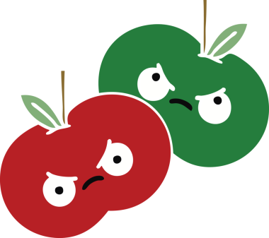 Bir insan tarafından çizilmiş sulu bir elmanın düz renkli retro karikatürü