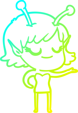 Bir insan tarafından çizilmiş gülümseyen uzaylı kız çizgi filmi.