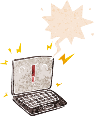 grunge içerisindeki konuşma baloncuklu çizgi film dizüstü bilgisayarı bir insan tarafından çizilmiş gerilimli retro desen tarzı