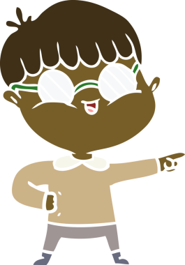 Bir insan tarafından çizilmiş gözlük takan düz renkli çizgi film çocuğu.