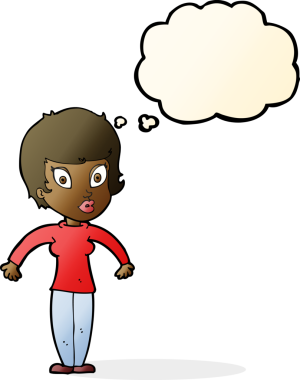 Bir insan tarafından çizilmiş düşünce baloncuğuyla omuz silken çizgi film kadını.