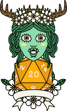 Retro Dövme Biçimli Ork karakteri bir insan tarafından çizilmiş 20 zar ile