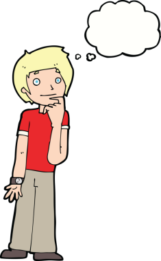 Bir insan tarafından çizilmiş düşünce baloncuğuyla merak eden çizgi film çocuğu.