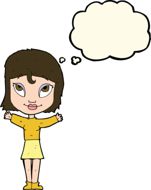 Bir insan tarafından çizilmiş düşünce balonlu açık kollu çizgi film kadını.