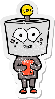 Bir insan tarafından çizilmiş mutlu çizgi film robotunun sıkıntılı çıkartması.