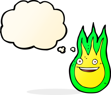 Bir insan tarafından çizilmiş düşünce baloncuklu çizgi film arkadaşı alev topu.