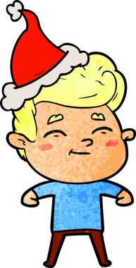 Bir insan tarafından çizilmiş Noel Baba şapkası giyen bir adamın çizilmiş mutlu el çizimi karikatürü.