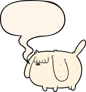 Bir insan tarafından çizilmiş çizgi roman tarzında konuşma balonu olan komik bir çizgi film köpeği.