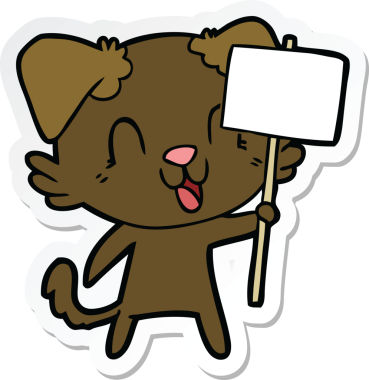 Gülen bir köpeğin çıkartması. Üzerinde insan imzası var.