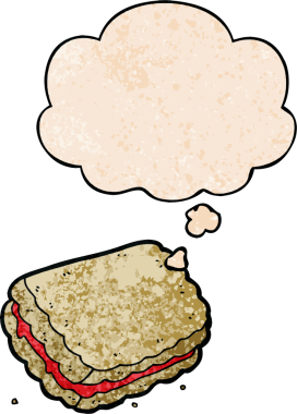 Düşünce baloncuklu çizgi film bisküvisi. Bir insan tarafından çizilmiş grunge doku tarzı.