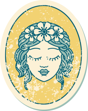 İkonik sıkıntılı dövme stili bir insan tarafından çizilmiş gözleri olan bir kızın resmi.