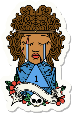 Bir insan tarafından çizilmiş doğal bir d20 rulo ile ağlayan bir insan barbarının çıkartması.