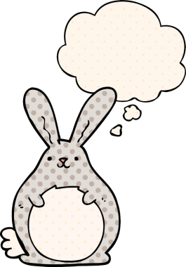Çizgi roman tarzında bir insan tarafından çizilmiş düşünce kabarcığı olan çizgi film tavşanı.