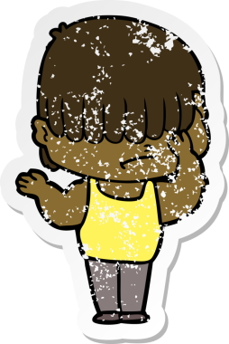 Bir insan tarafından çizilmiş dağınık saçlı bir çizgi film çocuğunun sıkıntılı çıkartması.