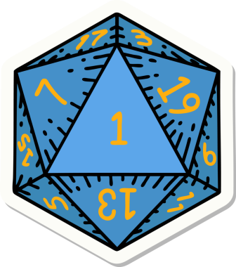 Bir insan tarafından çizilmiş doğal 1 D20 zar etiketi.