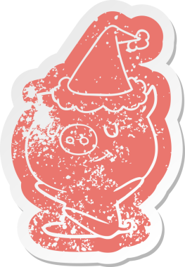 Mutlu çizgi film, insan tarafından çizilmiş Noel Baba şapkası takan bir domuzun sıkıntılı çıkartması.