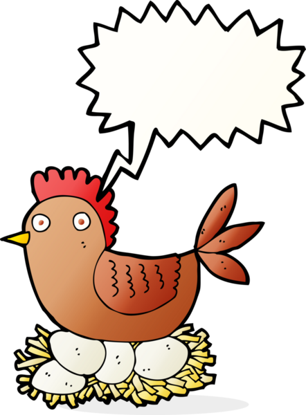 Bir insan tarafından çizilmiş konuşma balonlu yumurtalar üzerinde çizgi film tavuğu.