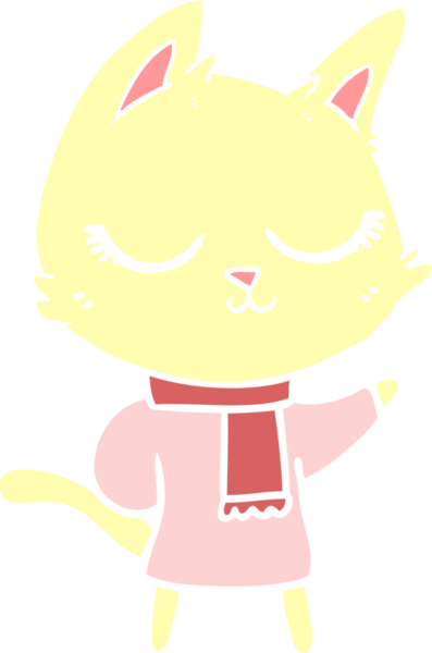 Sakin düz renkli çizgi film kedisi bir insan tarafından çizilmiş eşarp giyiyor.