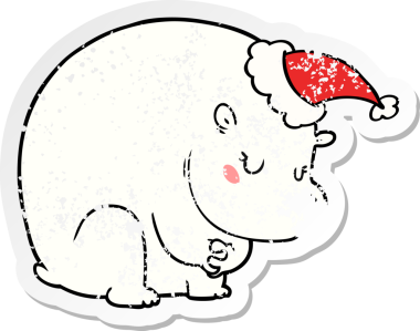 Sevimli bir el, bir insan tarafından çizilmiş Noel Baba şapkası giymiş bir kutup ayısının kederli çıkartması.