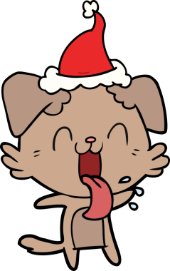 Bir insan tarafından çizilmiş Noel Baba şapkası giymiş nefes nefese bir köpeğin çizimi.