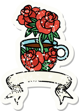 Bir fincan sancağıyla eski bir etiket ve bir insan tarafından çizilmiş çiçekler.