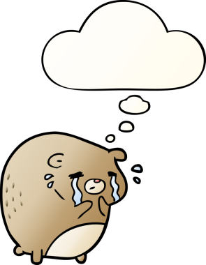 Bir insan tarafından çizilmiş yumuşak eğimli düşünce baloncuğu ile ağlayan çizgi film ayısı