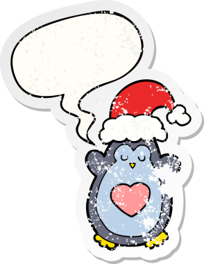 Konuşma baloncuğu olan sevimli noel pengueni bir insan tarafından çizilmiş kederli eski bir çıkartma.