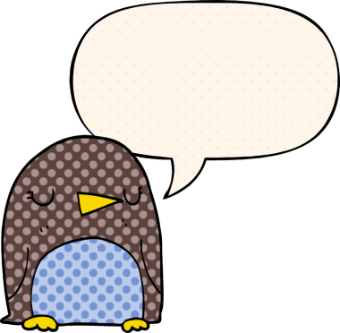 Bir insan tarafından çizilmiş çizgi roman tarzında konuşma balonu olan penguen çizgi filmi.